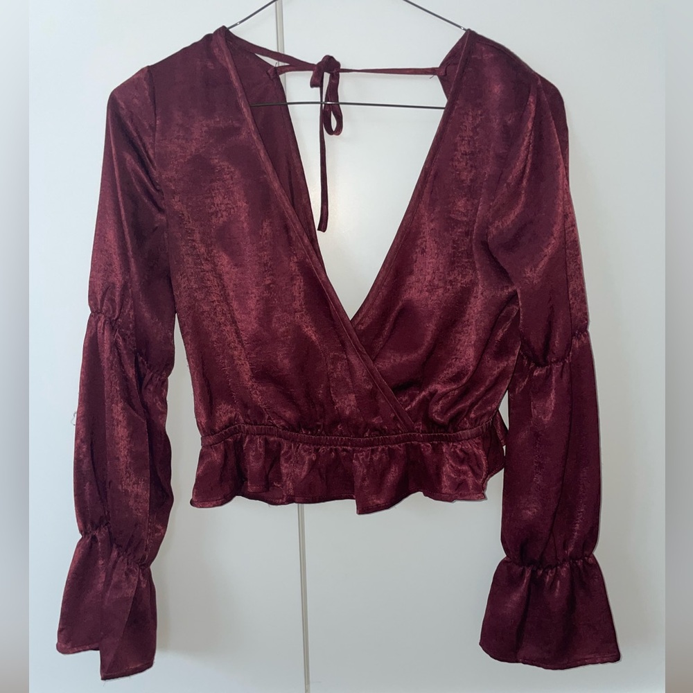 Elegant Burgundy V neck Top - adjustable tie